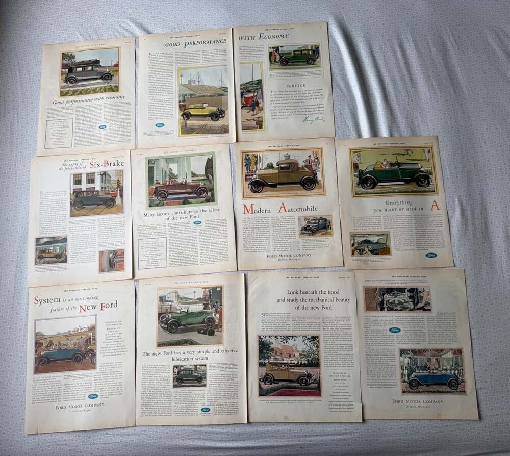 Vintage 1928 1929 Ford Model A Magazine Print Ad Lot 11 Pieces Car Art Decor